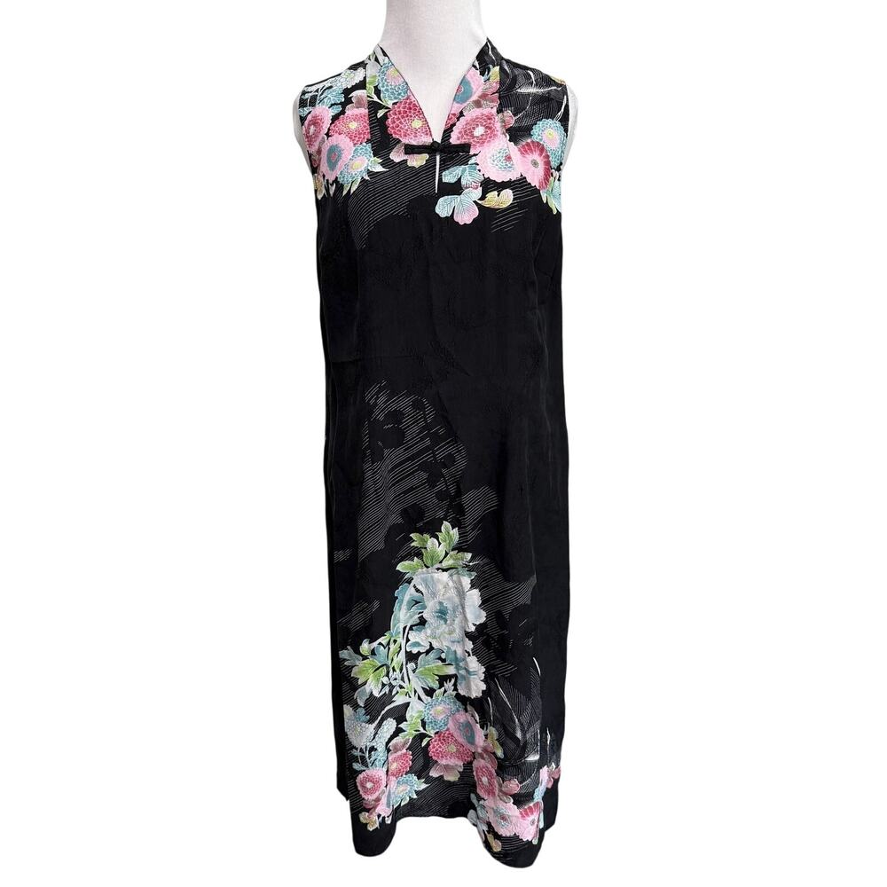 Citron Santa Monica Floral Silk Dress M Black Asian Cheongsam Style Frog Closure